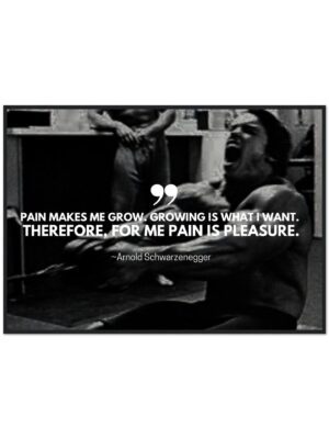 "Pain makes me grow. Growing is what I want. Therefore, for me pain is pleasure" - Arnold Schwarzenegger. Wooden Framed Poster, Arnold Schwarzenegger Motivational Quote.